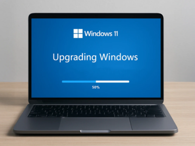 A laptop screen displaying the Windows 11 operating system upgrade process.